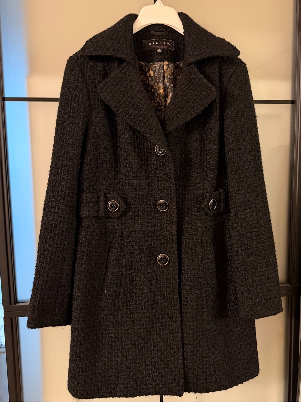 Giacca Maggy London 
Black Wool Blend Textured Peacoat
Floral Lining - Med Retro
